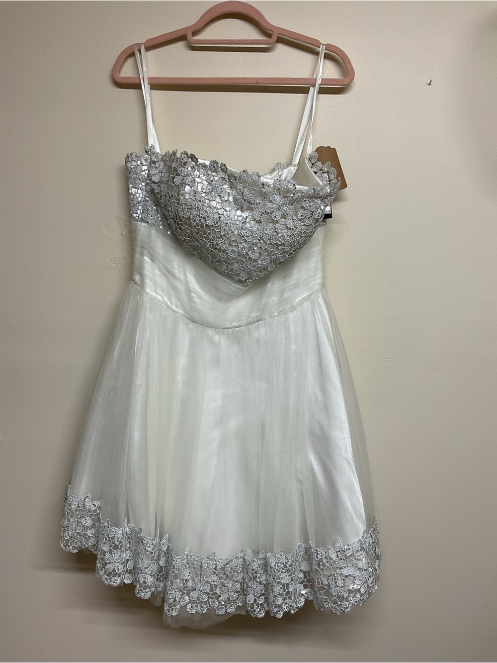 Terani Couture White Dress with Silver Lace Bodice